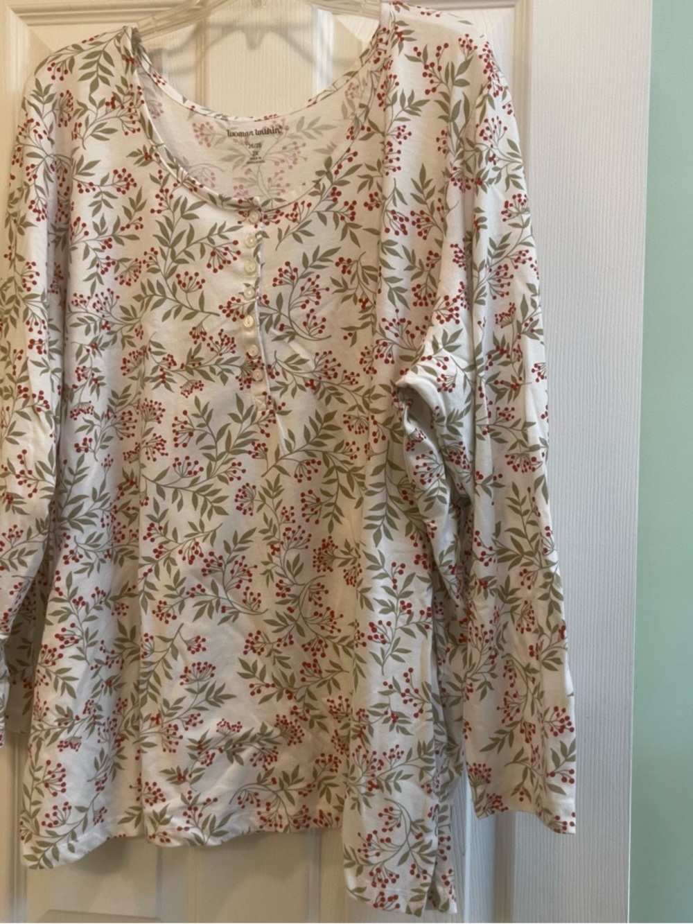 Woman Within Cream Henley Top with Red Berry & Green Leaf Print. (117)